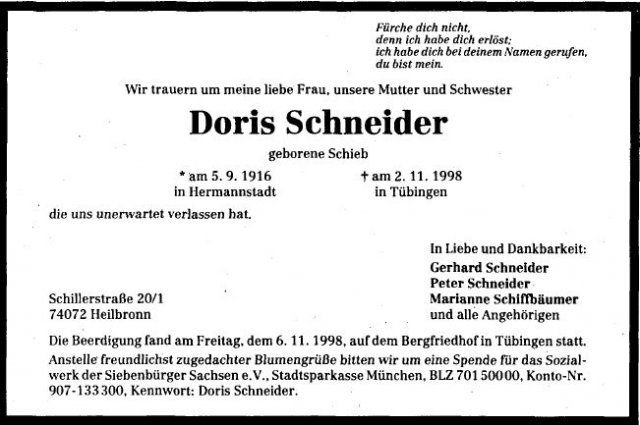 Schieb Doralies 1916-1998 Todesanzeige